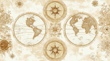 Fototapeta premium A stunning antique world map background, designed with softly faded borders, intricate hand-drawn continents