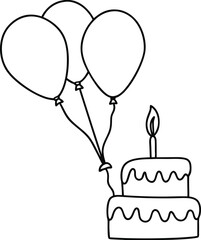 Birthday Celebration Cake, Balloons, Candle, Festive, Joyful, Party, Simple, Line Art, Drawing, Illu