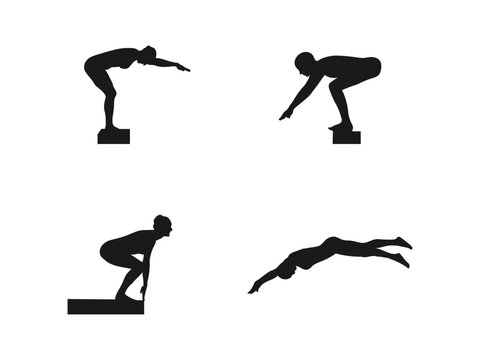 Female swimmer silhouette vector. Swimming silhouettes, Swimmer silhouettes, Woman swimming silhouettes, Backstroke swimmer silhouettes. The silhouettes are isolated on a white background.