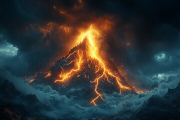 Electric Fury: Majestic Lightning Bolt Striking Dramatic Rocky Terrain in Nature's Display of Power and Beauty