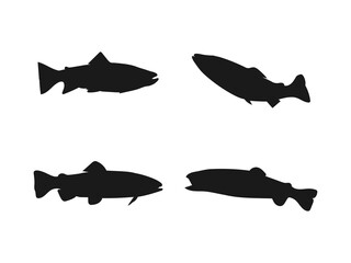 Vector illustration of a black silhouette trout. lake trout vector. Unique logo. Simple Black and White Fish Silhouettes for Graphic Design. The silhouettes are isolated on a white background.