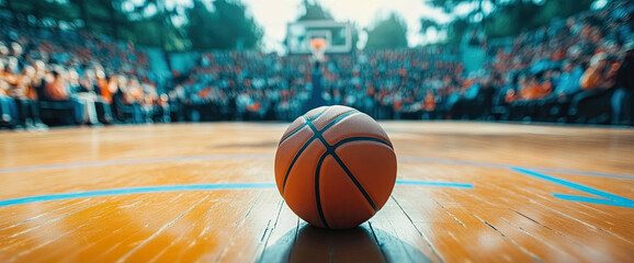 Dynamic Basketball Court Scene with a Focused Ball and Excited Spectators Cheering in the Background – Low Angle Shot