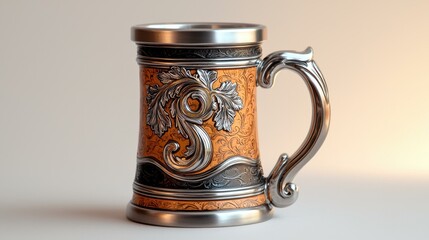 Ornate metal beer mug with intricate design.