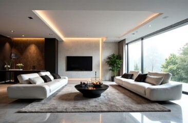 living room in Art Nouveau style with white sofa and coffee table