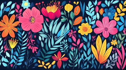 Vibrant Botanical Floral Pattern with Colorful Blooming Flowers and Leafy Foliage