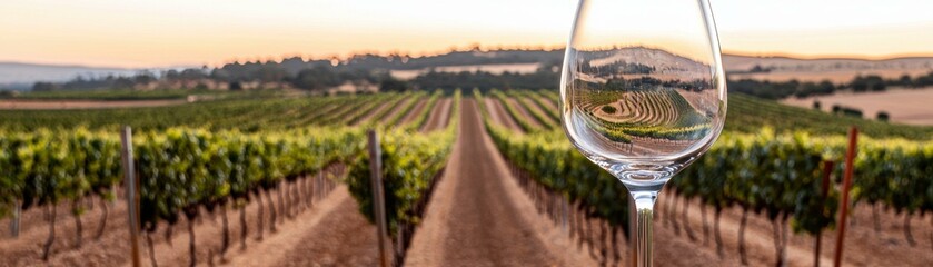 Naklejka premium Vineyard view through a wine glass.