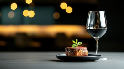 A steak with a green leaf on top of it is served on a black plate next to a wine