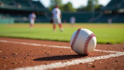 Obraz premium Close-up image of a pristine, leather-bound baseball resting on the first base line, evoking a sense of action and movement, perfect for advertising, marketing, or editorial use.