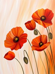 A vibrant painting of orange poppies with delicate stems, set against a soft, light background, evoking a sense of beauty and tranquility.
