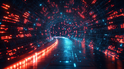 Obraz premium Abstract Digital Tunnel Red Blue Neon Lights Glowing Path Technology Background 3D Data Dark SciFi 