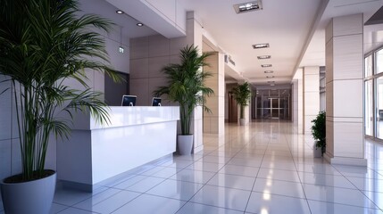 Modern hotel lobby interior featuring sleek reception desk and vibrant greenery