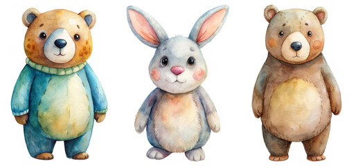 Fototapeta premium Cute animal characters, watercolor illustration, playful design, children's artwork, friendly bear and rabbit.