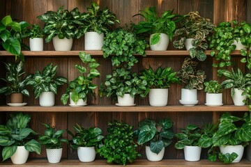 Fototapeta premium A vibrant display of various houseplants arranged on wooden shelves against a rustic backdrop