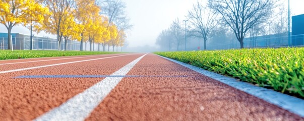 Track path surrounded by vibrant autumn trees.