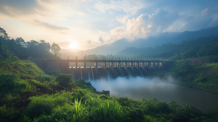 Obraz premium A large hydroelectric dam with cascading water flowing through turbines, set against a lush green landscape with mountains in the background