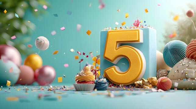 Vibrant and cheerful birthday scene with a yellow number 5 candle assorted colorful cupcakes balloons and confetti on a festive background  Concept of joy happiness and milestone event