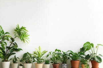 Fototapeta premium A vibrant display of various indoor plants in pots arranged neatly against a blank wall