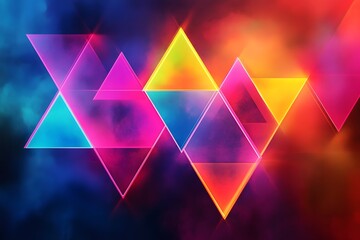 Vivid Geometric Prisms and Triangles in Bright Neon Gradient Background