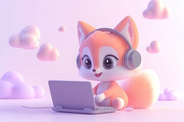 Adorable 3D fox wearing headphones uses a laptop in a dreamy, pastel cloud setting.