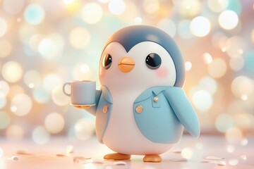 Obraz premium Adorable 3D penguin in a light blue jacket enjoys a warm drink against a bokeh background.