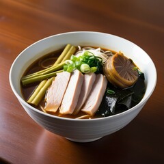 "Delicious bowl of Japanese ramen with rich broth, topped with slices of tender chashu pork, bamboo shoots, green onions, seaweed, and narutomaki fish cake. Served in a white ceramic bowl on a wooden 