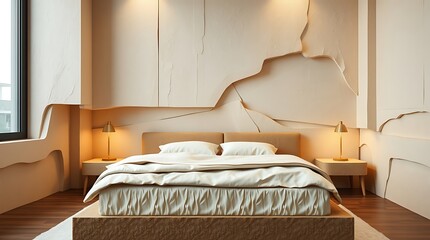 A close-up shot of a modern minimalist bedroom rendered in a distinct split layered papier-mâché style.  The image showcases detailed, sculpted, textured layers divided into bold sections