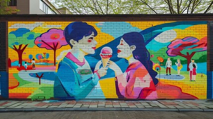 A colorful mural of two friends sharing an ice cream, painted on a brick wall, with a lively park mockup on the side.