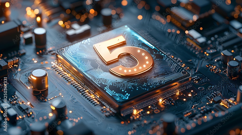 Poster closeup view of a glowing metallic microchip on a high tech circuit board with binary codes futurist
