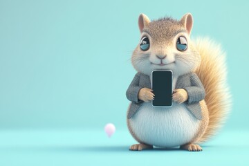 Fototapeta premium Adorable cartoon squirrel in a jacket, holding a smartphone, against a light blue background.