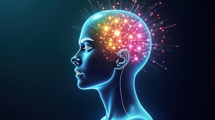 Obraz premium Digital human head, illuminated with an explosive burst of vibrant, swirling spheres, digits, and data streams, set against a dark, gradient background