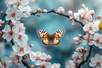 Obraz premium Blue background with white petals, pink cherry blossoms, and a butterfly flying on the left side. Empty space in the center for text, flat lay composition.