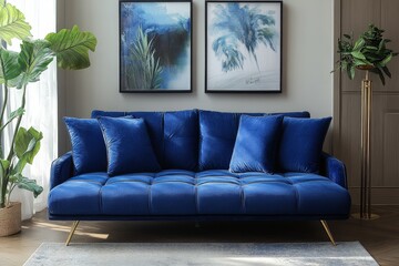 Fototapeta premium Blue velvet sofa bed with black frame, gold legs, and blue cushions in a modern interior design style.