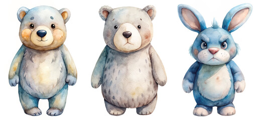 Fototapeta premium Cute animal characters, watercolor style, playful design, children's illustration, friendly bear and rabbit.