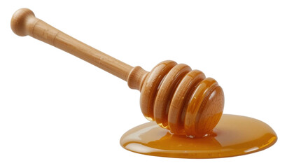 Dripping Honey with Wooden Dipper on Black Background