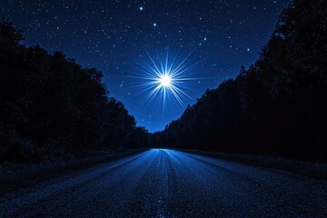 Fototapeta premium A starlit night scene on a dark road leading through a forest, illuminated by a bright star.