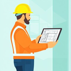 A construction worker reviewing blueprints on a digital tablet on site.