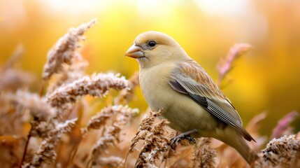 A close-up of a yellow bird perched on golden grass during a vibrant autumn sunset