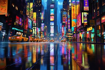 Rain-slicked city street at night, vibrant neon signs reflecting on wet pavement, taxis driving through.
