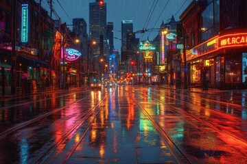 Obraz premium Rainy night city street scene with vibrant neon lights reflecting on wet asphalt.
