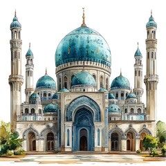 Obraz premium Beautiful Mosque Illustration, Watercolor Painting Graphic Design.