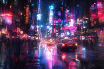 Fototapeta premium Rain-slicked cyberpunk city street at night, vibrant neon signs reflecting on wet pavement, cars driving through.