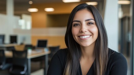 Hispanic young woman smiling on camera inside modern office - Focus on face