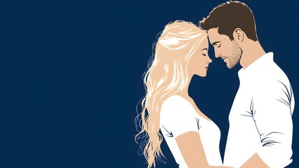 Romantic Pair in Embrace Against Navy Blue Background Illustration