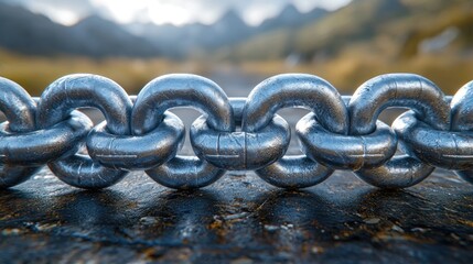 Strong metal chain outdoors, mountain backdrop, security concept