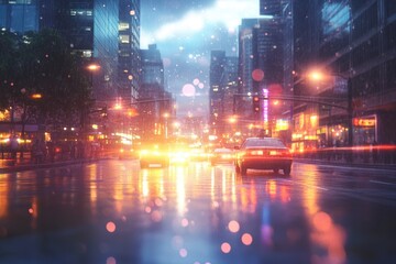 Obraz premium Rainy city night scene with cars driving through the wet streets and blurred city lights reflecting on the puddles.