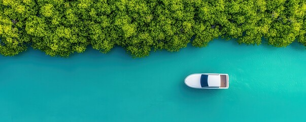 A serene aerial view of a boat navigating through turquoise waters surrounded by lush greenery.