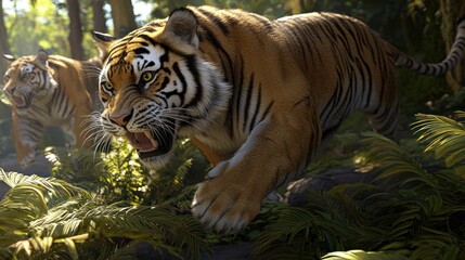 A fierce tiger prowls through a lush jungle, showcasing its power while another tiger lurks nearby