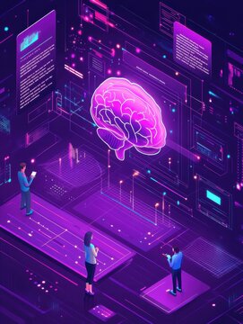 Programmers testing chatbot intelligence and brain with circuit. Chatbot Turing test, intelligent behavior, human-like response concept. Website vibrant violet landing web page template.
