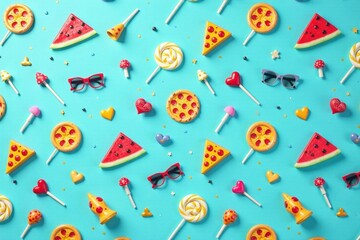 Delightful Summertime Sweets and Accessories Pattern Featuring Pizza, Watermelon, Lollipops, and Sunglasses on a Vibrant Blue Background