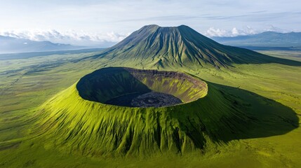 A stunning aerial view of a green volcanic landscape showcasing a prominent crater and surrounding lush terrain under a clear sky.